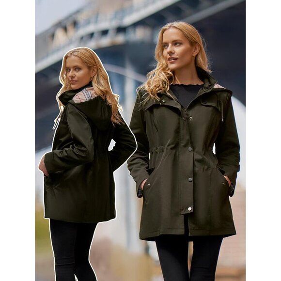 🆕Women's Army Green Waterproof Long Raincoat Windbreaker Jacket with Hood - Picture 4 of 7